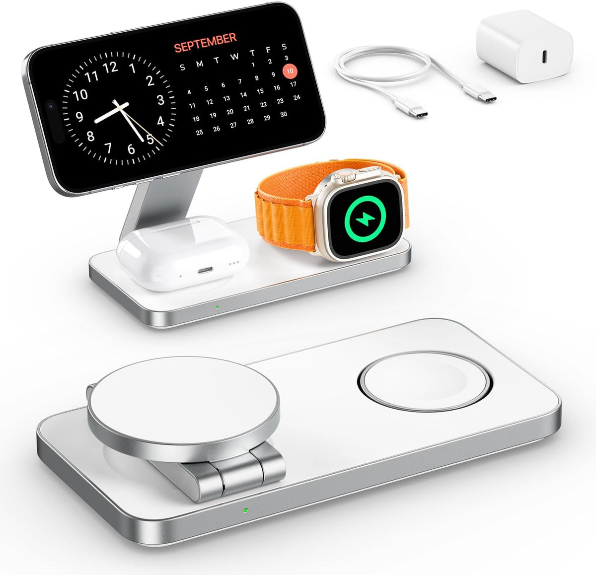 QTlier 3 in 1 iPhone Ladestation Kompatibel mit Magsafe Ladegerät TiefWeiß