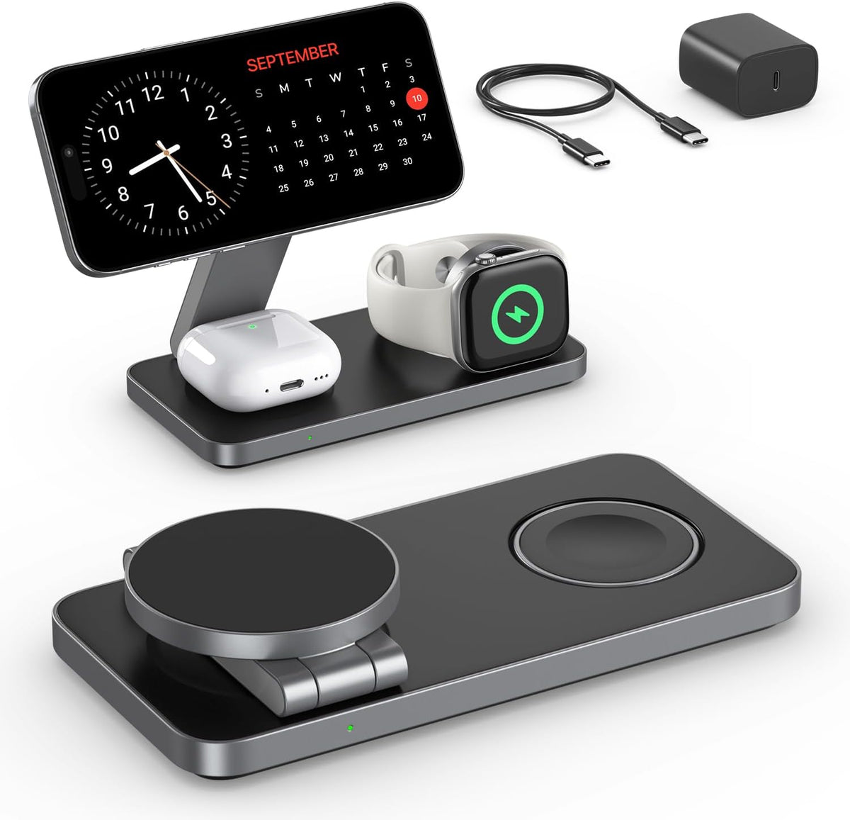 QTlier 3 in 1 iPhone Ladestation Kompatibel mit Magsafe Ladegerät (Schwarz)